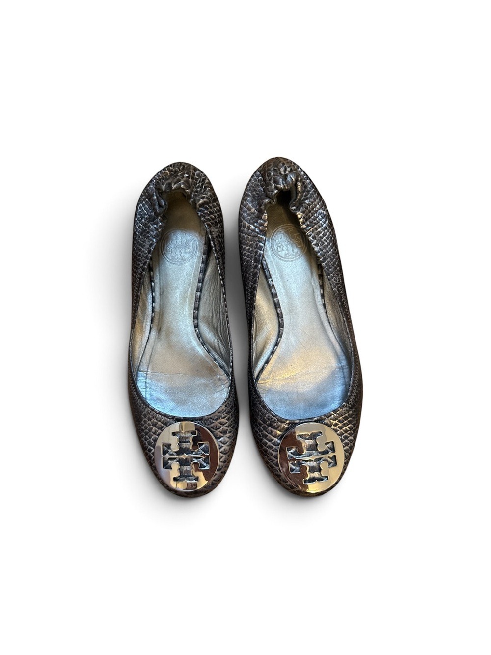Tory Burch Metallic Grey Snake-Embossed Reva Ballet Flats